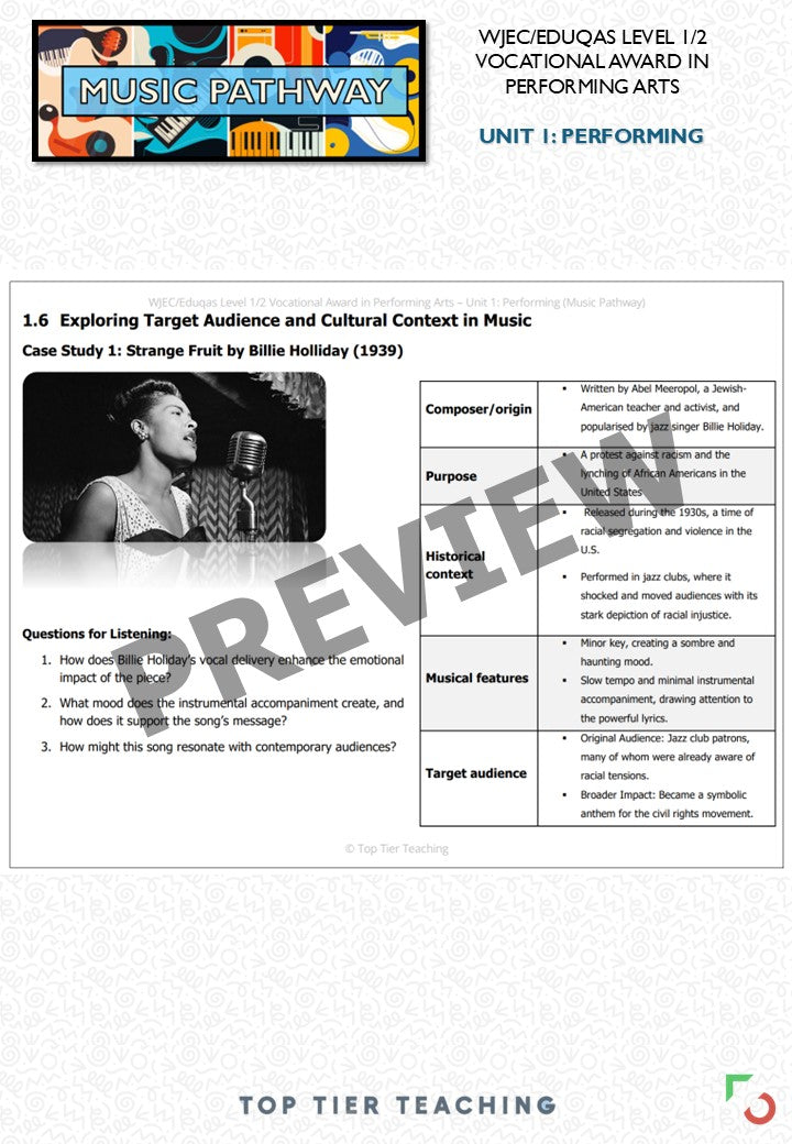 Unit 1: Performing MUSIC Pathway | Curriculum Package | WJEC/Eduqas Level 1/2 Vocational Award in Performing Arts