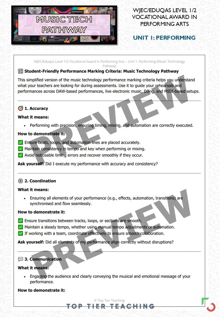 Unit 1: Performing MUSIC TECHNOLOGY Pathway | Curriculum Package | WJEC/Eduqas Level 1/2 Vocational Award in Performing Arts