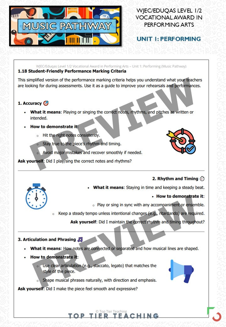 Unit 1: Performing MUSIC Pathway | Curriculum Package | WJEC/Eduqas Level 1/2 Vocational Award in Performing Arts