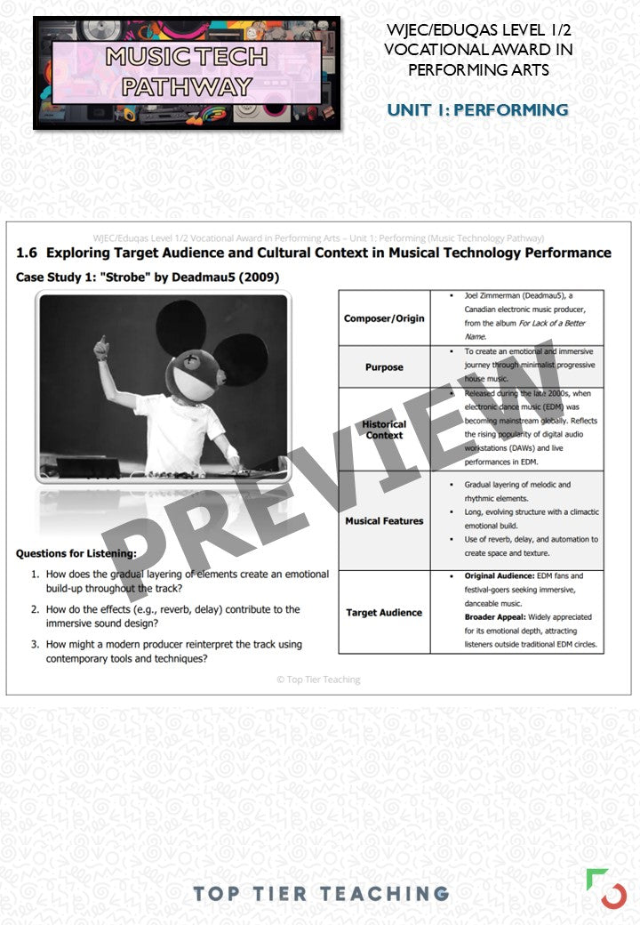Unit 1: Performing MUSIC TECHNOLOGY Pathway | Curriculum Package | WJEC/Eduqas Level 1/2 Vocational Award in Performing Arts