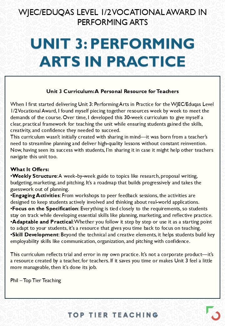 Unit 3: Performing Arts in Practice | COMPLETE CURRICULUM PACKAGE | WJEC/Eduqas Level 1/2 Vocational Award in Performing Arts