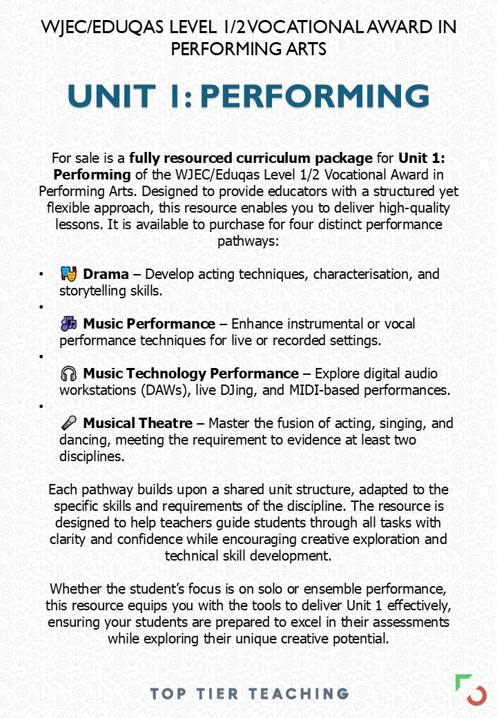 Unit 1: Performing MUSICAL THEATRE Pathway | Curriculum Package | WJEC/Eduqas Level 1/2 Vocational Award in Performing Arts